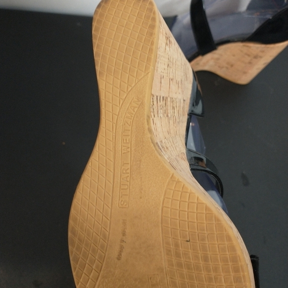 ☀️Stuart Weitzman Oneliner Women's Patent Black Cork Wedge, size 9.5M - Picture 3 of 14